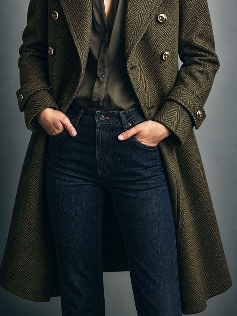 Vintage Faux Fur Collar Herringbone Wool Blend Long Coat