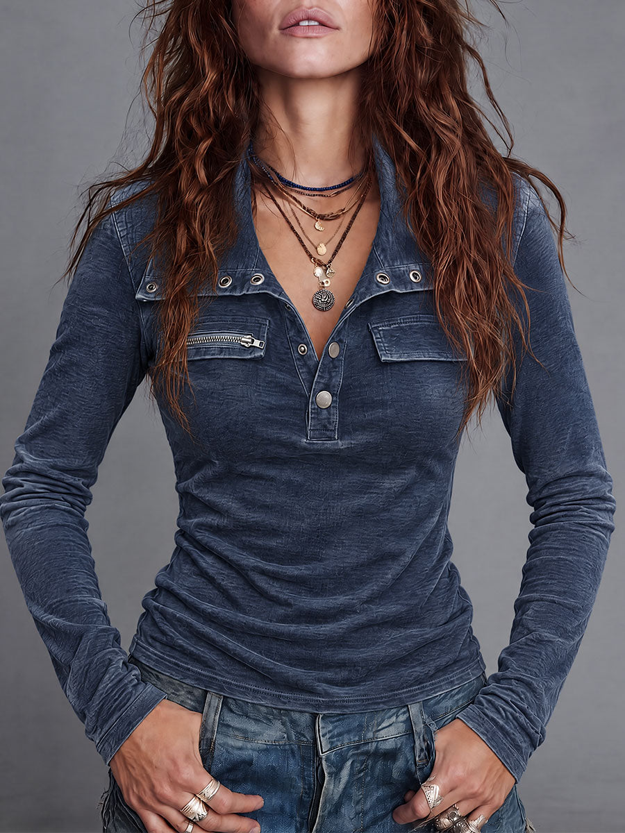 Vintage Wash Long Sleeve Utility Henley T-shirt With Zip Pocket Detail