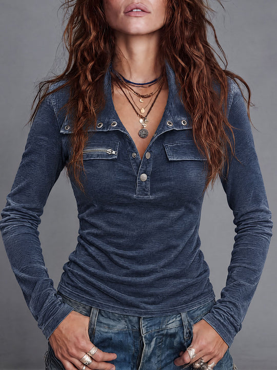 Vintage Wash Long Sleeve Utility Henley T-shirt With Zip Pocket Detail
