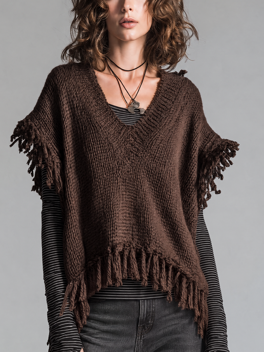 Bohemian Chocolate Brown Fringe V-Neck Knit Vest