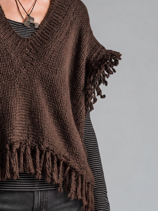 Bohemian Chocolate Brown Fringe V-Neck Knit Vest
