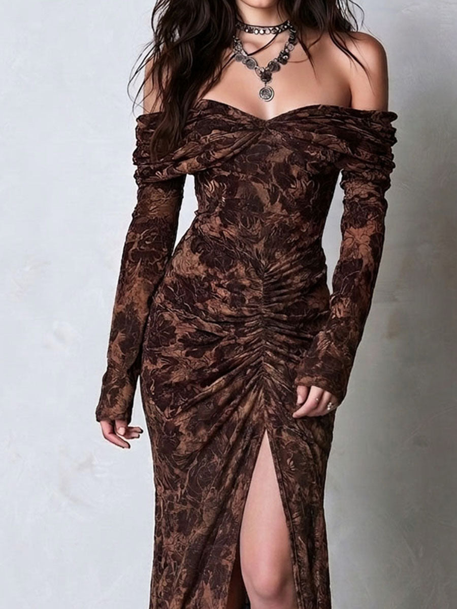 Western Boho Dark Floral Off Shoulder Dress With Ruched Side Slit