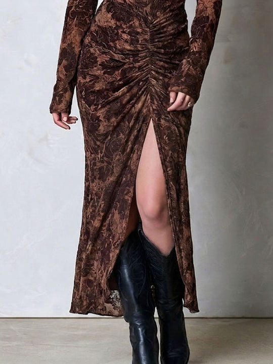 Western Boho Dark Floral Off Shoulder Dress With Ruched Side Slit