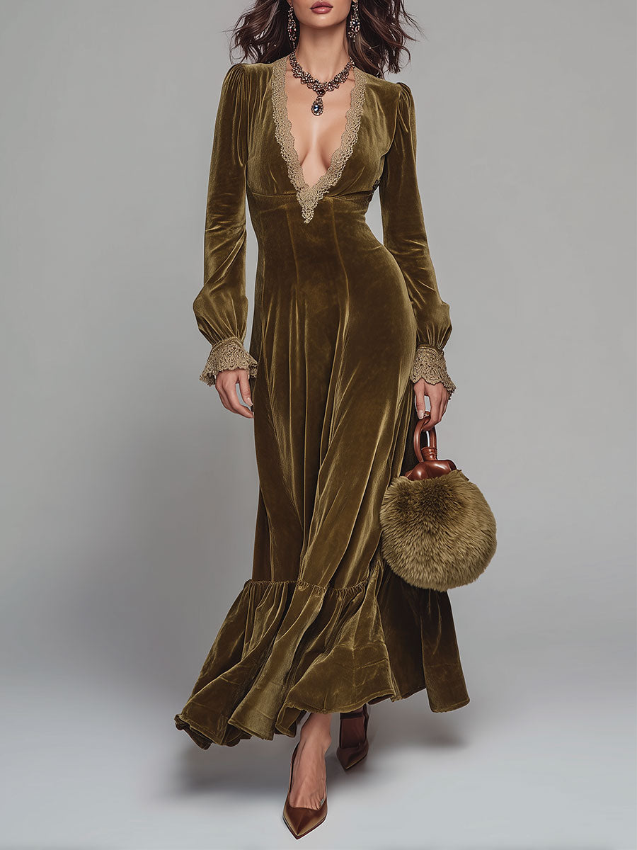 Boho Deep V-Neck Velvet Maxi Dress With Lace Trim
