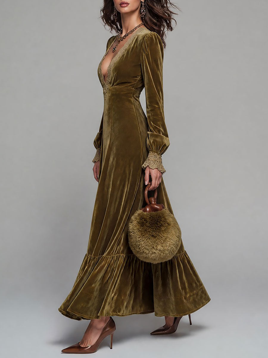 Boho Deep V-Neck Velvet Maxi Dress With Lace Trim
