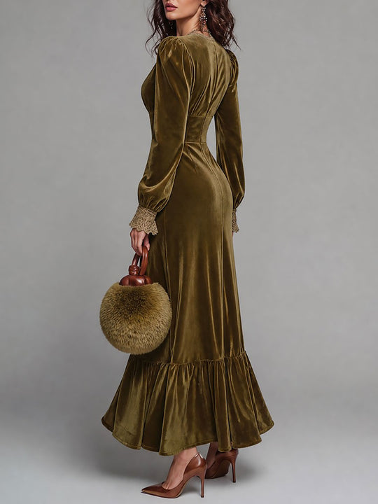 Boho Deep V-Neck Velvet Maxi Dress With Lace Trim
