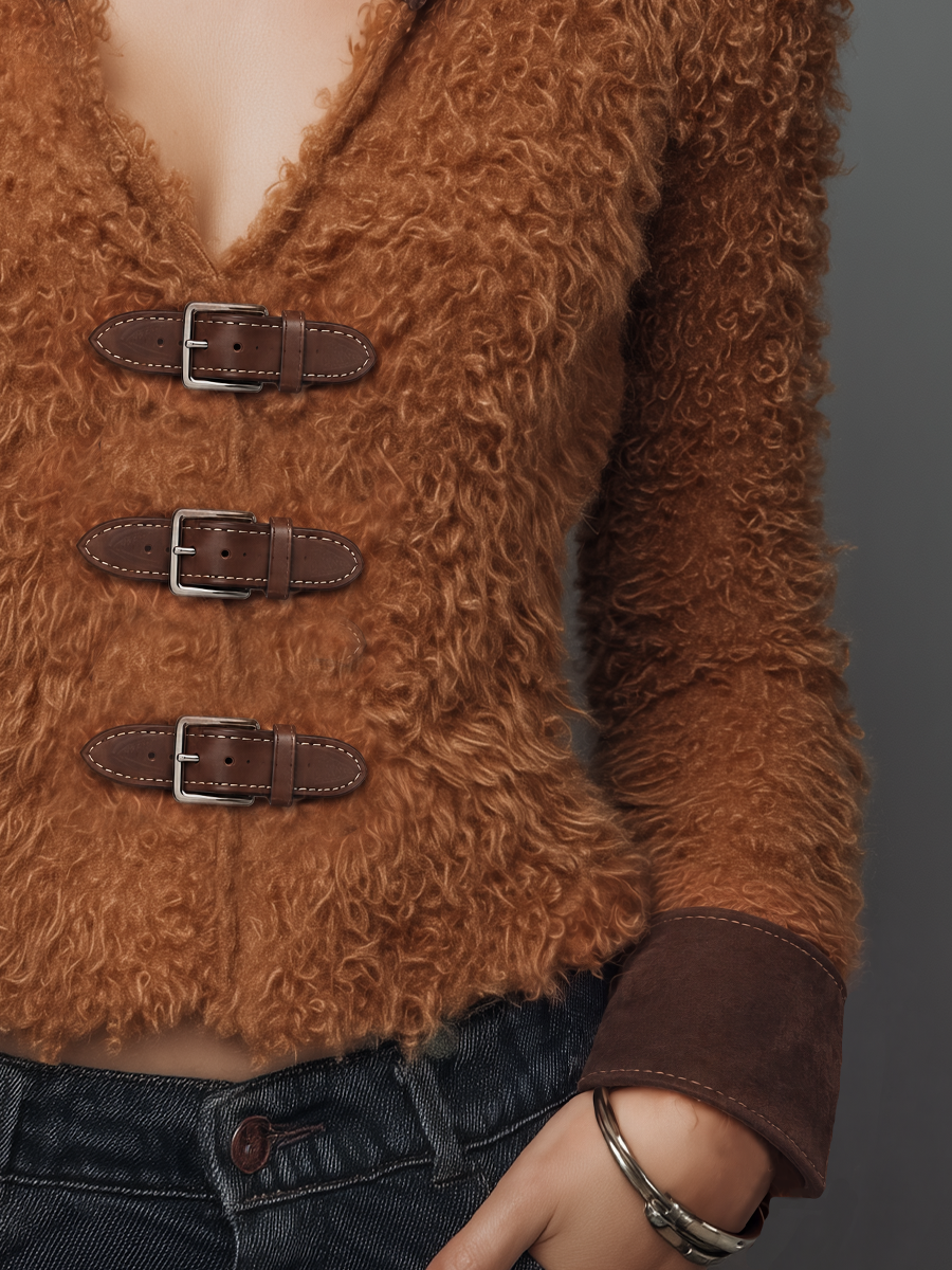 Vintage Camel Brown Buckle Faux Fur Jacket