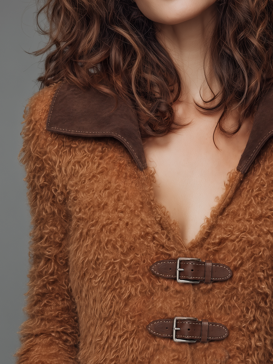 Vintage Camel Brown Buckle Faux Fur Jacket