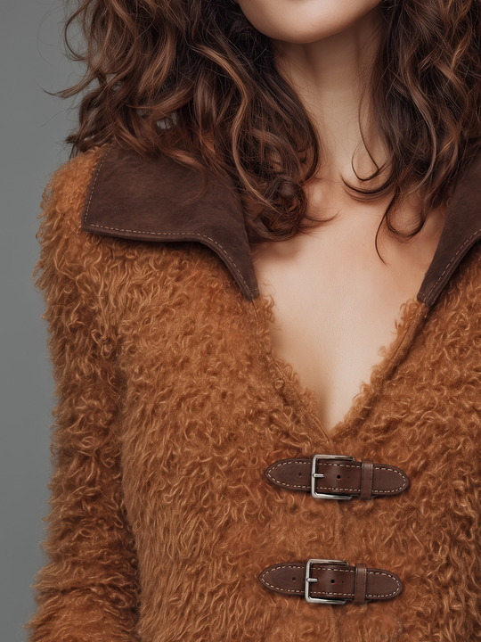 Vintage Camel Brown Buckle Faux Fur Jacket