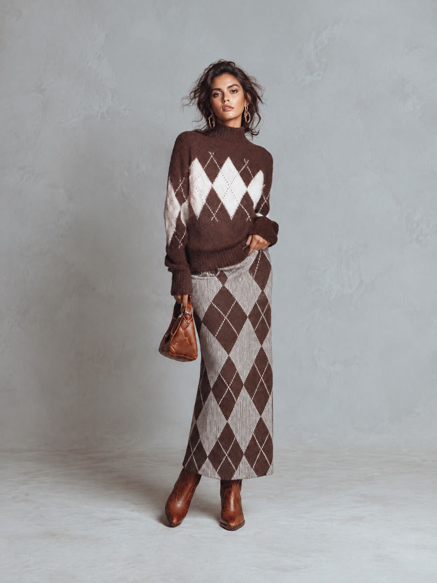 Argyle Pattern Mock Neck Sweater and Bodycon Midi Skirt Two-Piece Set