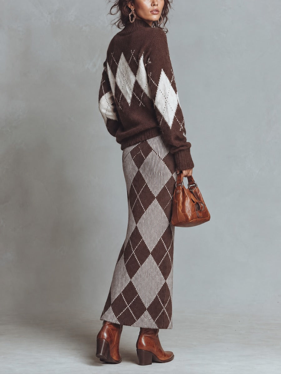 Argyle Pattern Mock Neck Sweater and Bodycon Midi Skirt Two-Piece Set