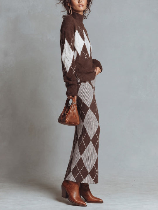 Argyle Pattern Mock Neck Sweater and Bodycon Midi Skirt Two-Piece Set