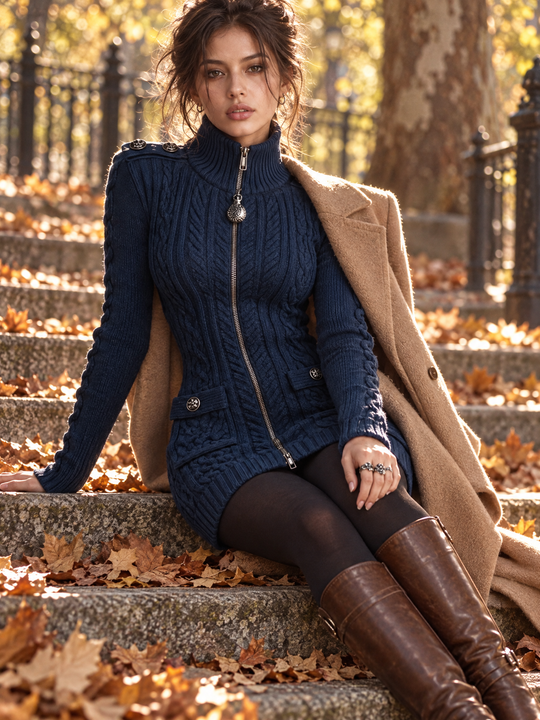Vintage Military Style Cable Knit Zip-Up Sweater Dress with Button Detail