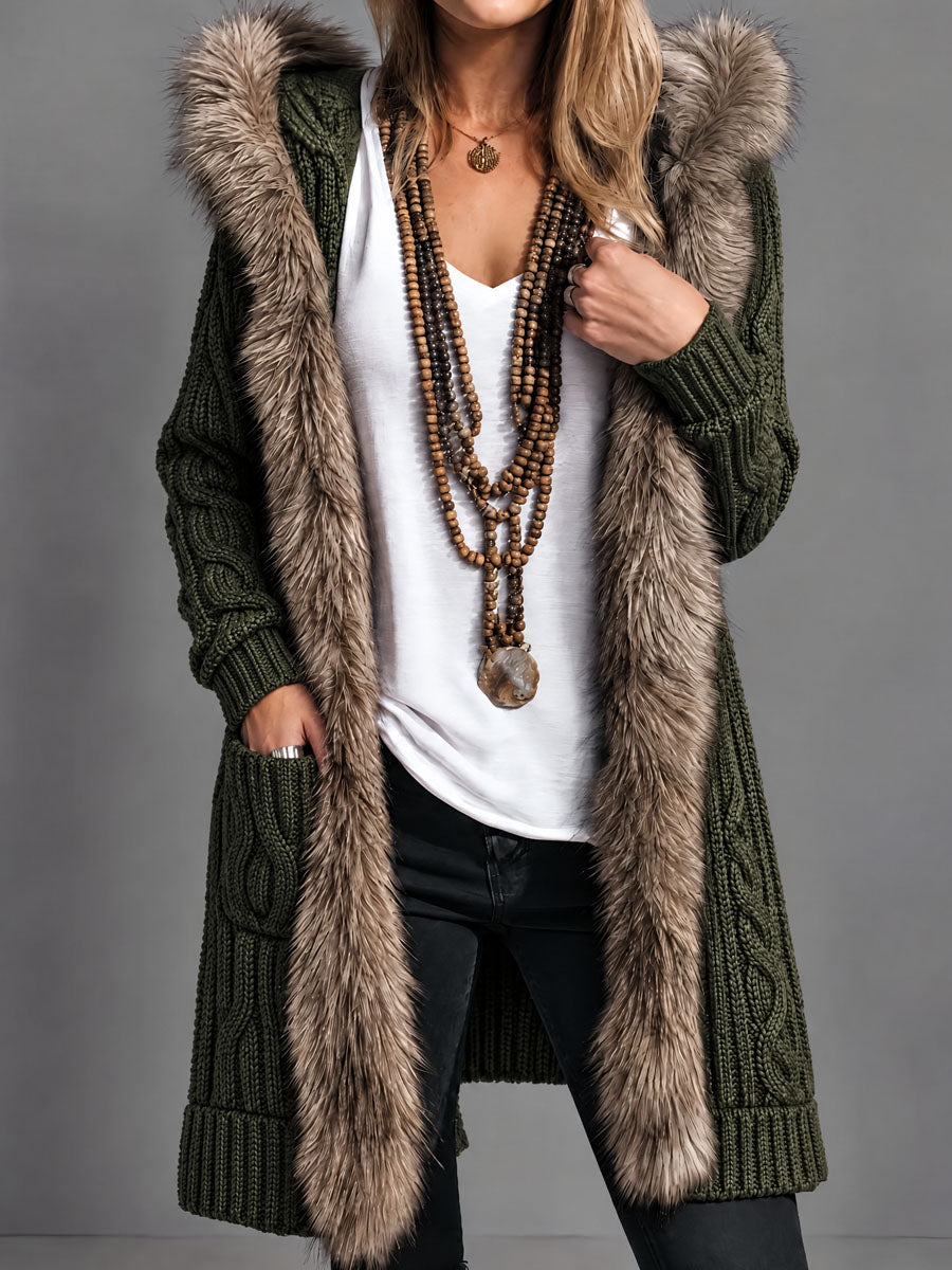 Army Green Cable Knit Long Hooded Cardigan With Ombre Faux Fur Trim