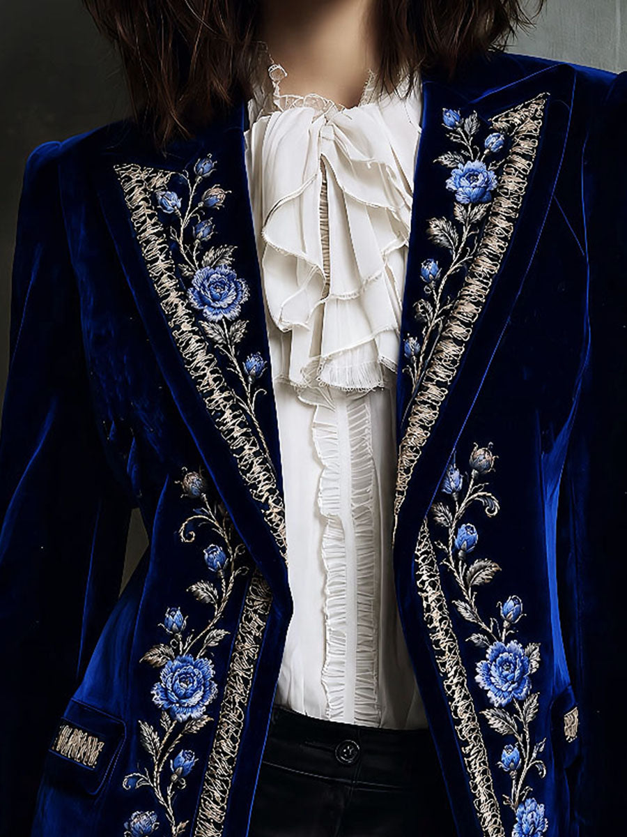 Vintage Boho Blue Rose & Silver Thread Embroidered Velvet Suit Jacket