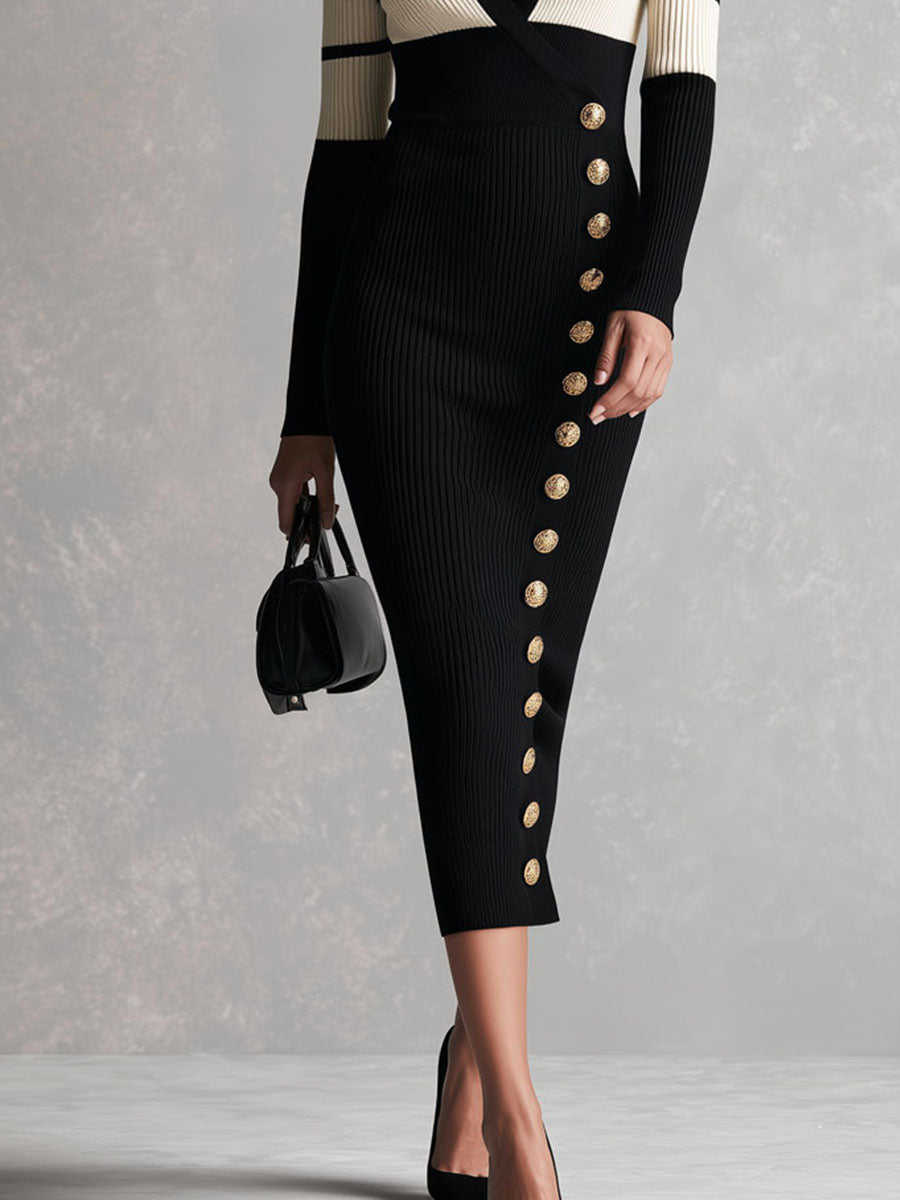Quiet Luxury Contrast Colorblock Striped Knit Midi Dress With Button Side