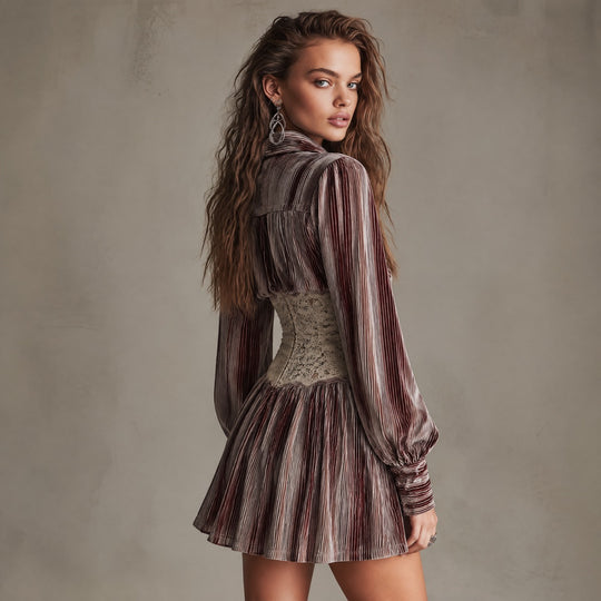 Elegant Striped Velvet Lace-Waist Mini Shirt Dress