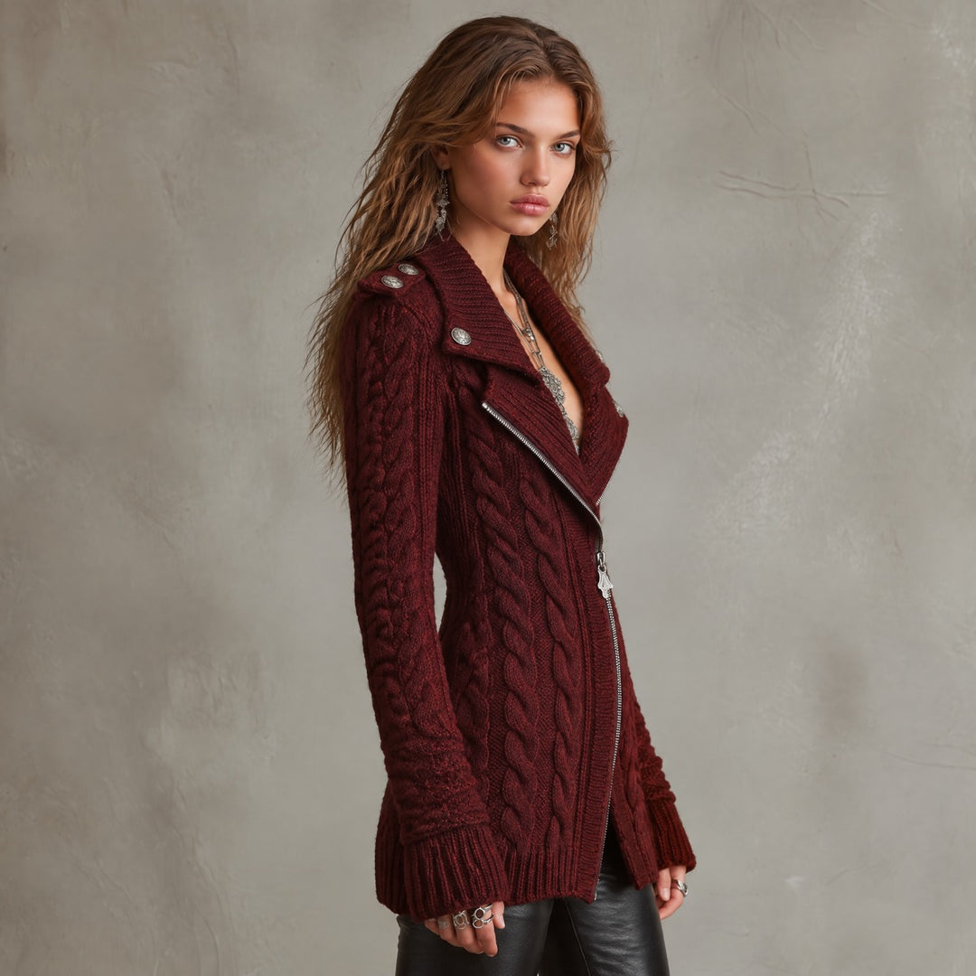 Cable-Knit Zip-Front Sweater Coat with Military-Style Buttons