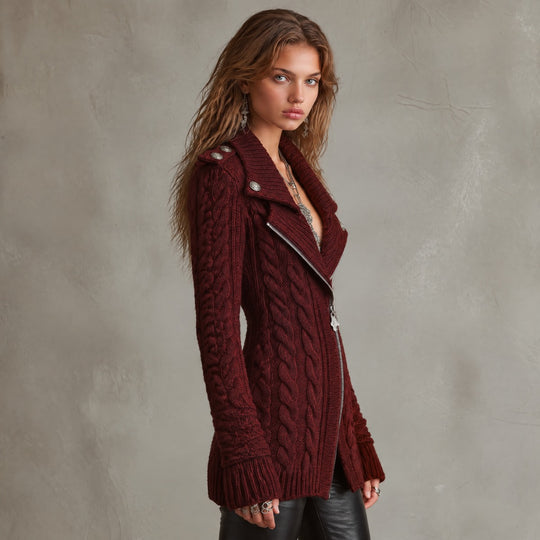 Cable-Knit Zip-Front Sweater Coat with Military-Style Buttons