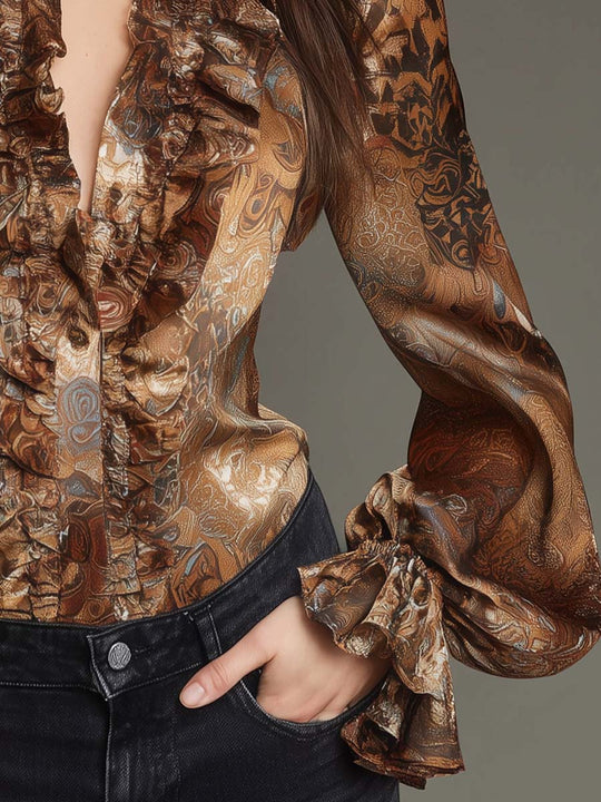 Vintage Paisley Print Satin Ruffled V-neck Blouse