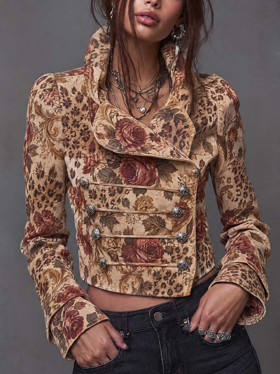 Vintage Floral Leopard Print Cropped Military Suede Jacket
