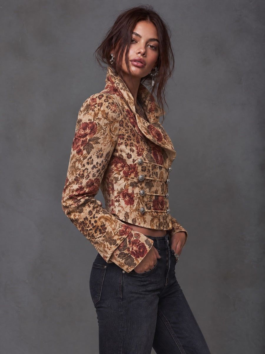 Vintage Floral Leopard Print Cropped Military Suede Jacket