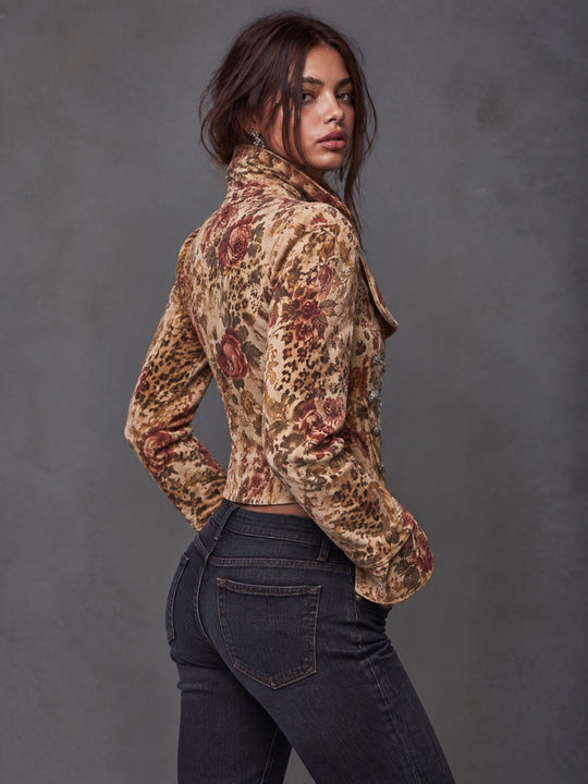 Vintage Floral Leopard Print Cropped Military Suede Jacket