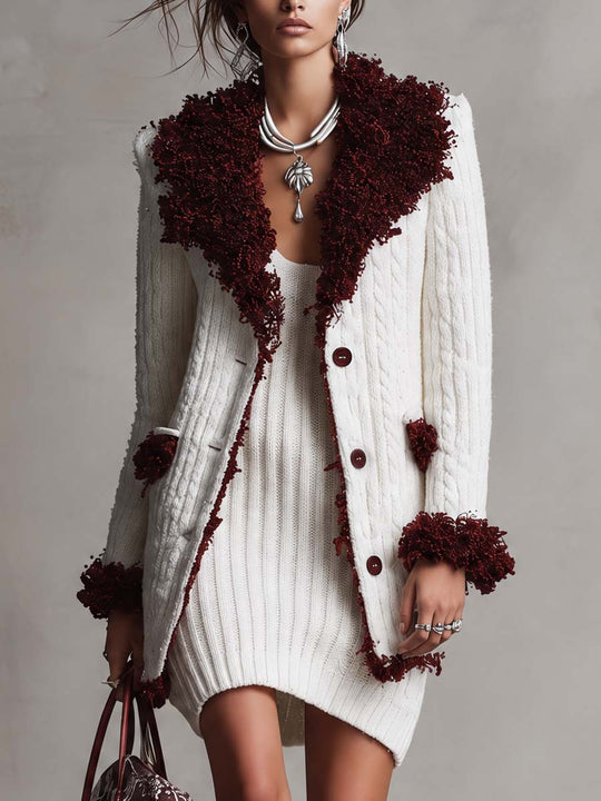 Elegant Chic Fringed Trim Cable-Knit Longline Cardigan Coat