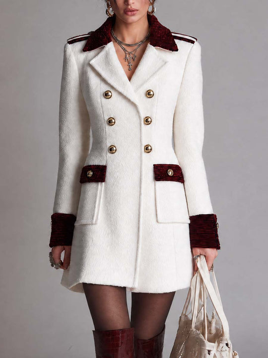 Elegant Double-Breasted Wool blend Coat with Velvet Trim Detail