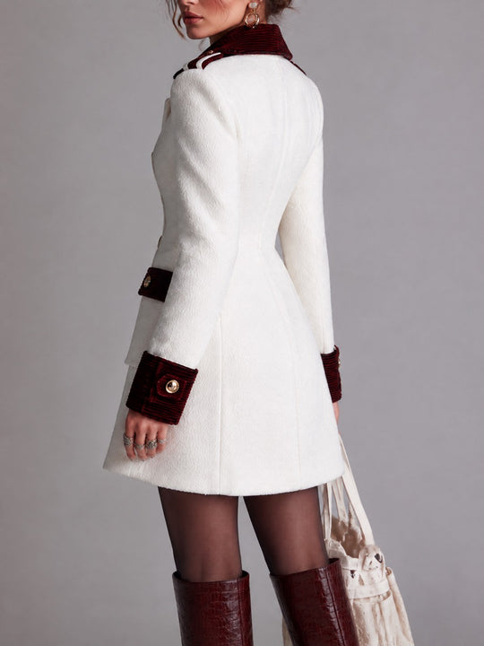 Elegant Double-Breasted Wool blend Coat with Velvet Trim Detail