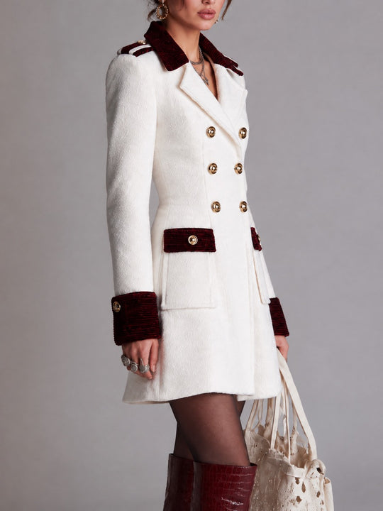 Elegant Double-Breasted Wool blend Coat with Velvet Trim Detail