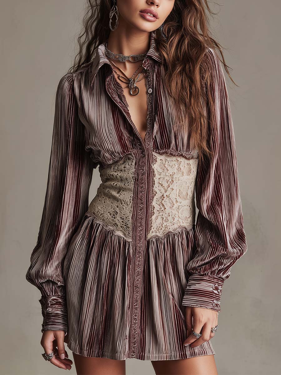 Elegant Striped Velvet Lace-Waist Mini Shirt Dress