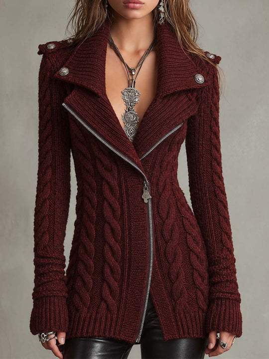 Cable-Knit Zip-Front Sweater Coat with Military-Style Buttons