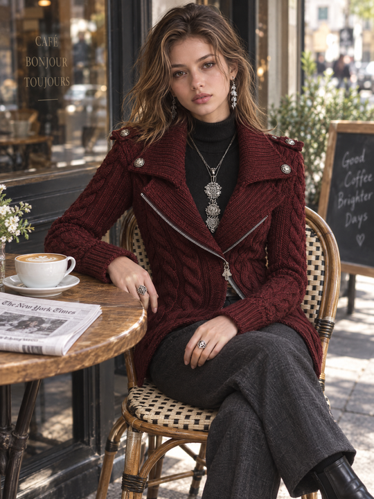 Cable-Knit Zip-Front Sweater Coat with Military-Style Buttons