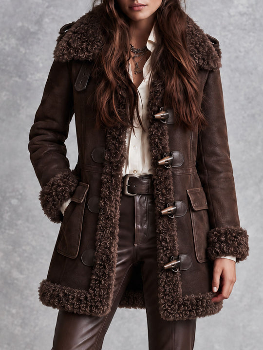 Boho Western Microsuede Toggle Button Shearling Coat With Fur Collar Cuffs