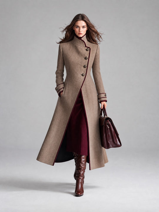 Women's Elegant Herringbone Wool Long Coat with Contrast Piping Stand Collar