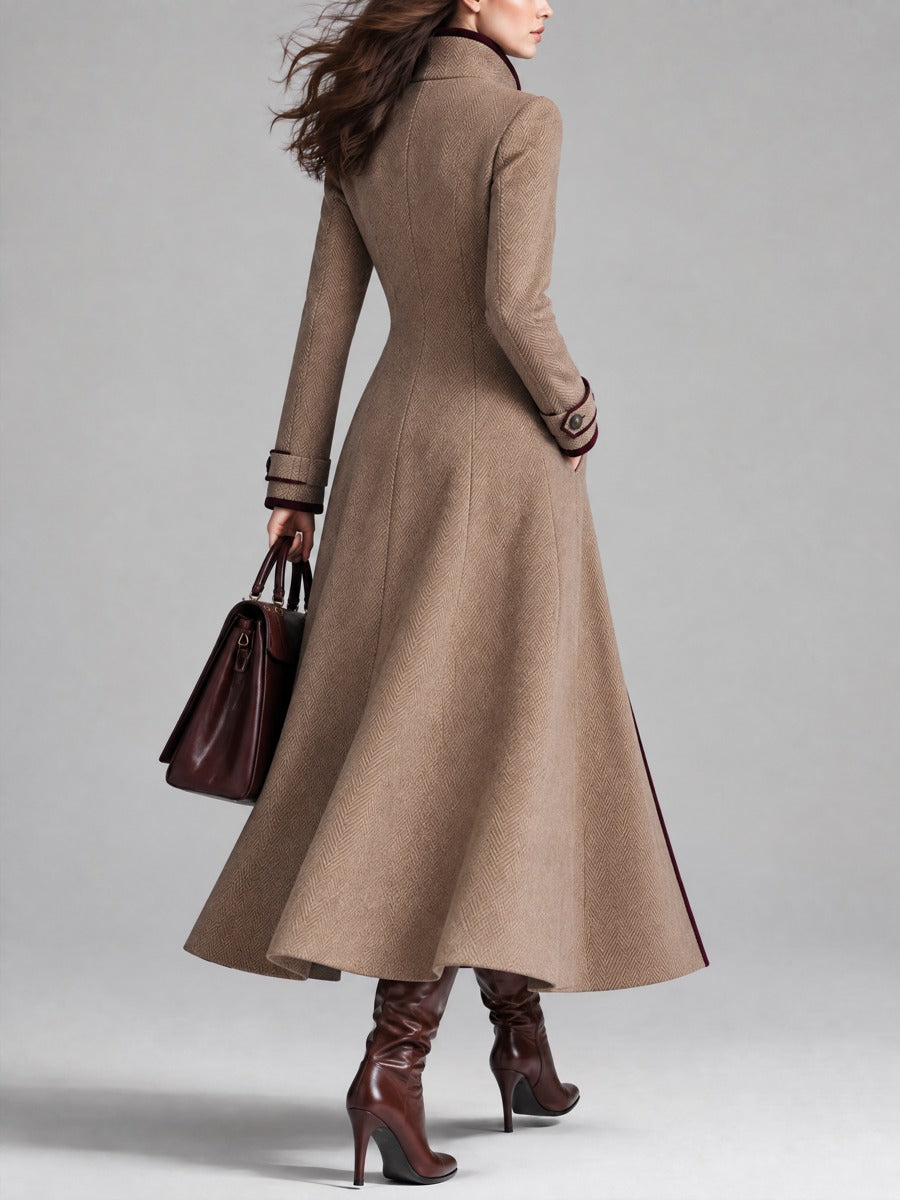 Women's Elegant Herringbone Wool Long Coat with Contrast Piping Stand Collar