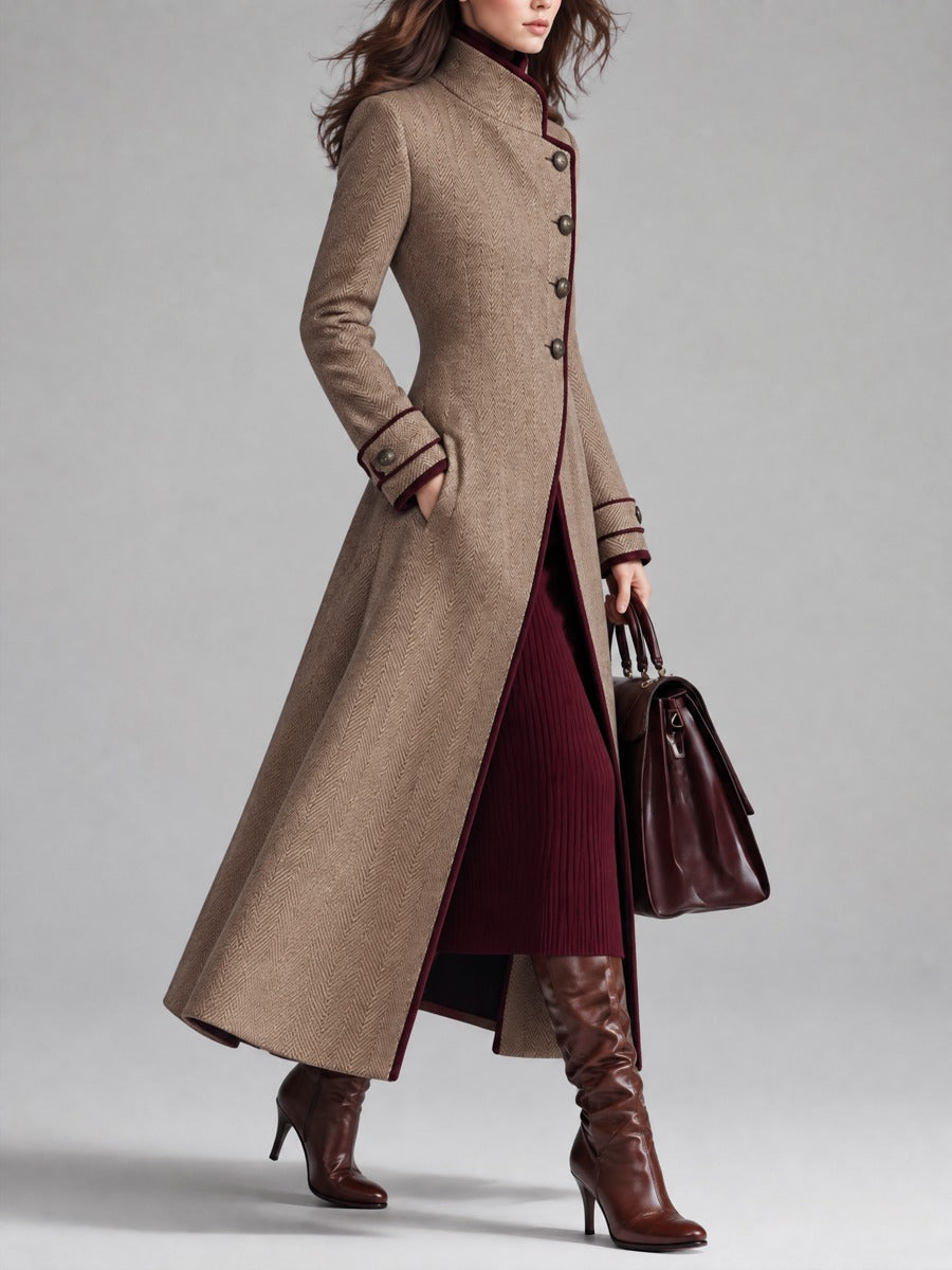 Women's Elegant Herringbone Wool Long Coat with Contrast Piping Stand Collar