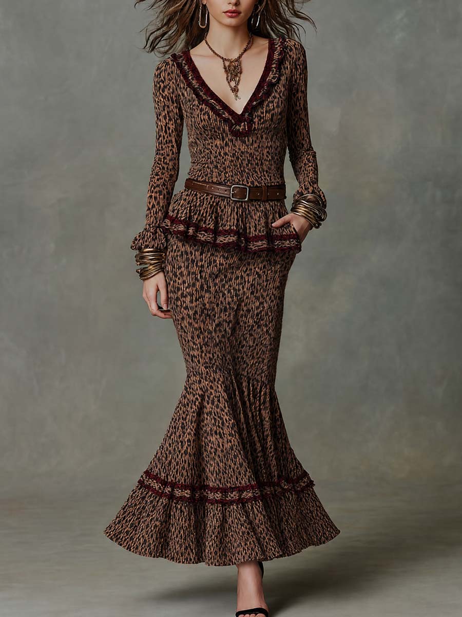 Retro Leopard-print Textured Two-piece Set
