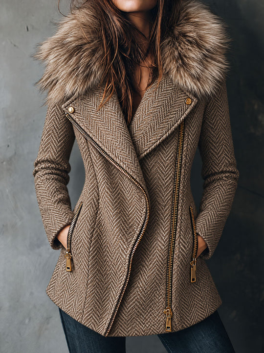Retro Herringbone Tweed Oversized Faux Fur Collar Coat With Asym Zip