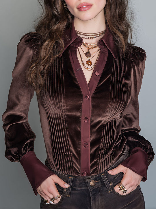Elegant Velvet Paneling Long-sleeve Blouse Featuring Pintuck Detailing