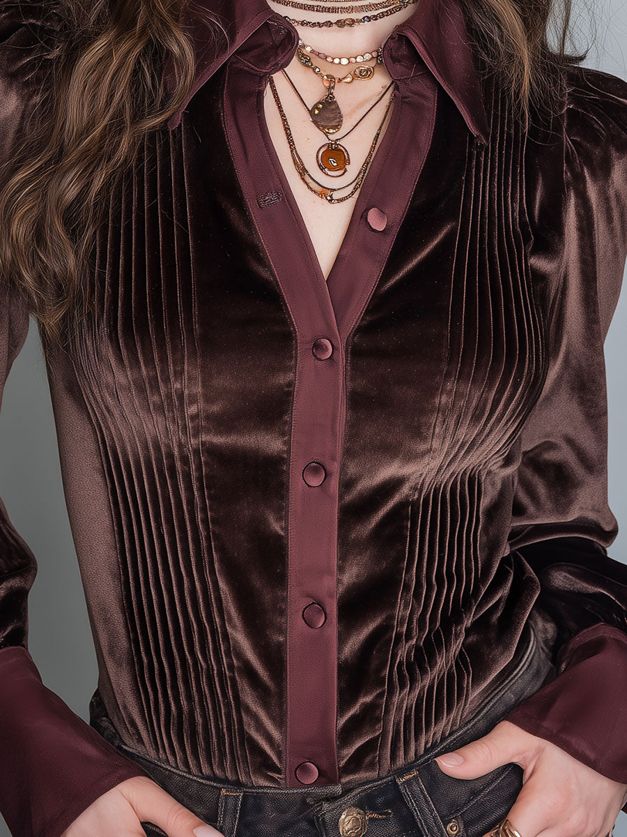 Elegant Velvet Paneling Long-sleeve Blouse Featuring Pintuck Detailing