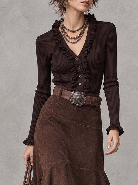 Ribbed Ruffled Neck Top And Suede Skirt Two-piece Set