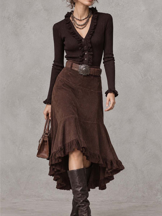 Ribbed Ruffled Neck Top And Suede Skirt Two-piece Set