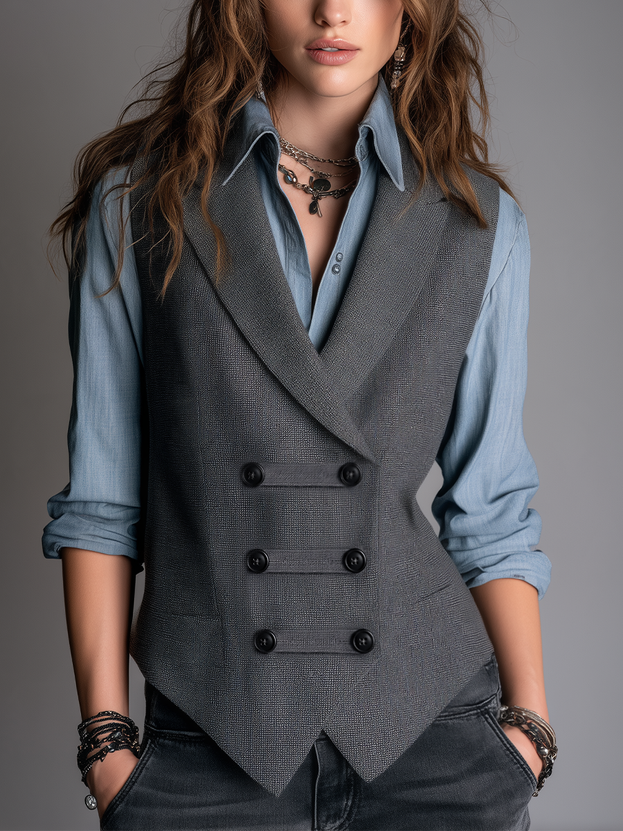 Retro Charcoal Double-Breasted Waistcoat
