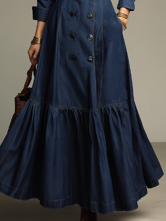 Romantic Indigo Ruffle Belted Denim Maxi Dress