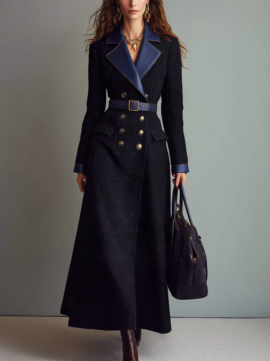 Elegant Navy Belted Double-Breasted Maxi Coat
