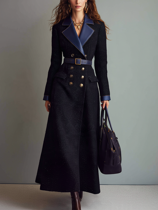 Elegant Navy Belted Double-Breasted Maxi Coat