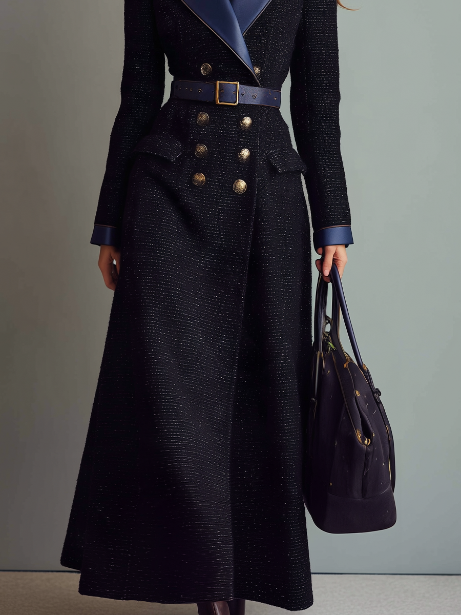 Elegant Navy Belted Double-Breasted Maxi Coat
