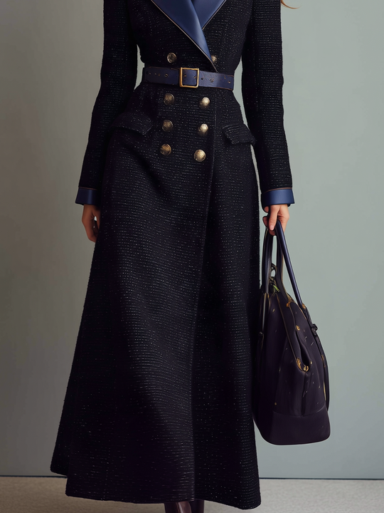 Elegant Navy Belted Double-Breasted Maxi Coat